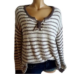NUAGE tan and brown striped lace up sweater size M